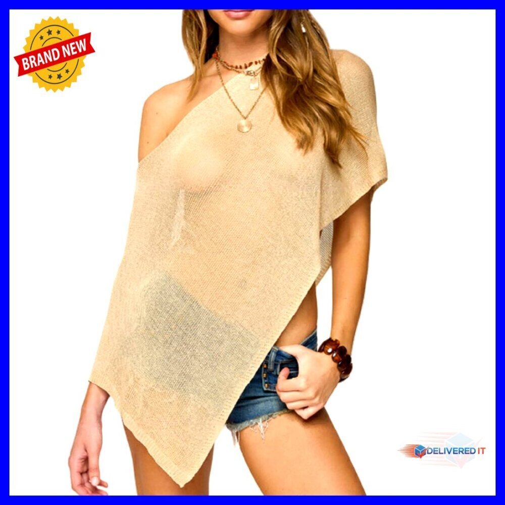 Sheer Knit Poncho Top Off Shoulder Asymmetrical Cover Up Shrug Sweater